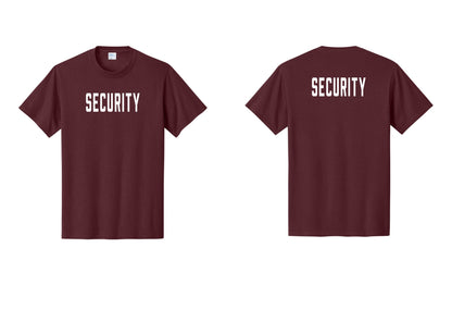 NYC Factory Security T-Shirt, Condensed Lettering - Front + Back - Athletic Maroon