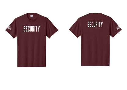 NYC Factory Unisex Security Black T-Shirt - Front + Back + US Flag Sleeve - Athletic Maroon