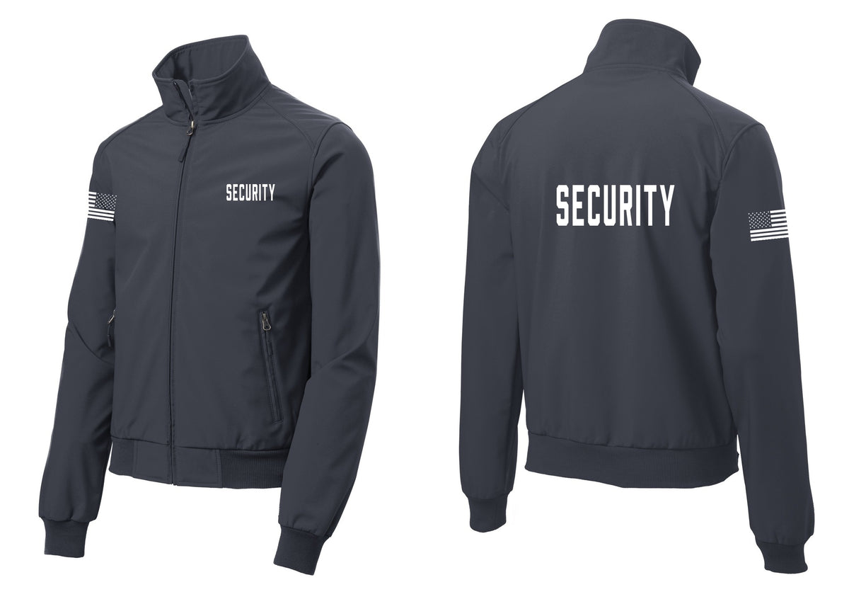 NYC Factory Security Soft Shell Bomber Jacket (Classic) - Chest + Back + US Flag Sleeve - Battleship Grey