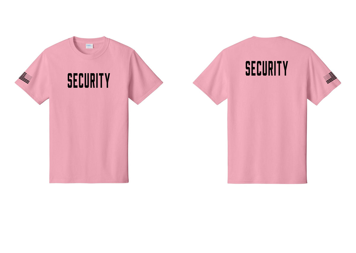 NYC Factory Security T-Shirt, Condensed Lettering - Front + Back + US Flag Sleeve - Candy Pink