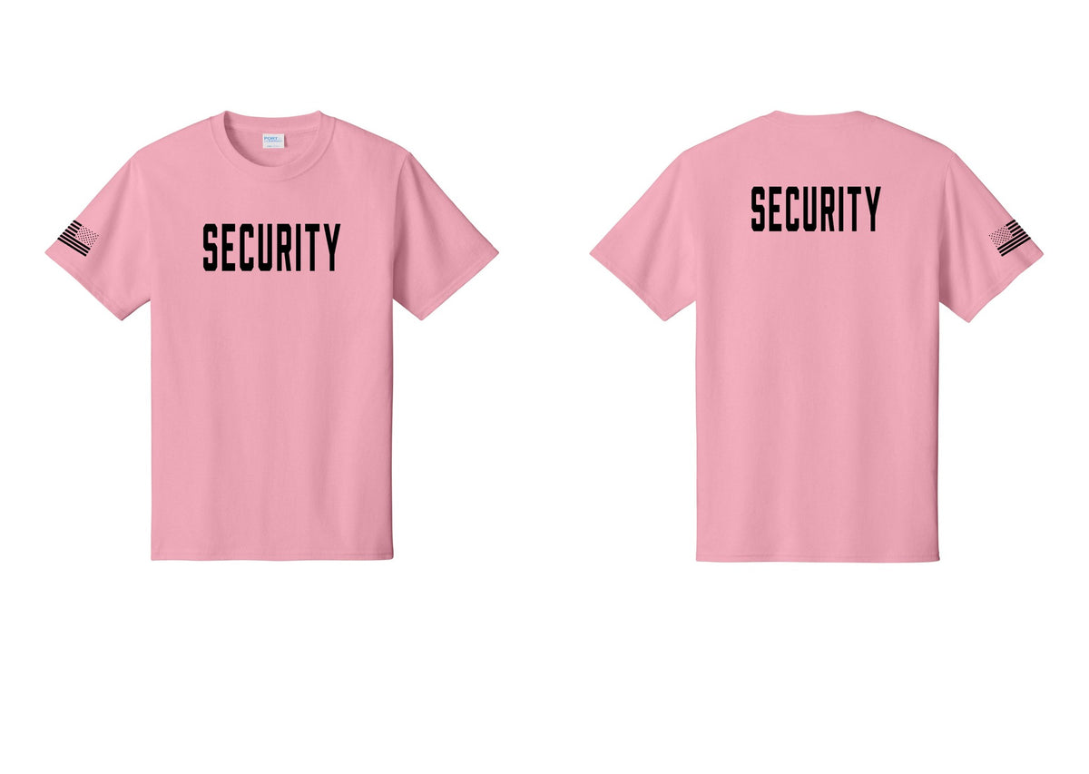NYC Factory Unisex Security Black T-Shirt - Front + Back + US Flag Sleeve - Candy Pink