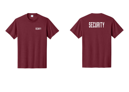 NYC Factory Security T-Shirt, Condensed Lettering - Chest + Back - Cardinal