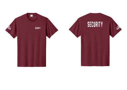 NYC Factory Unisex Security Black T-Shirt - Chest + Back + US Flag Sleeve - Cardinal