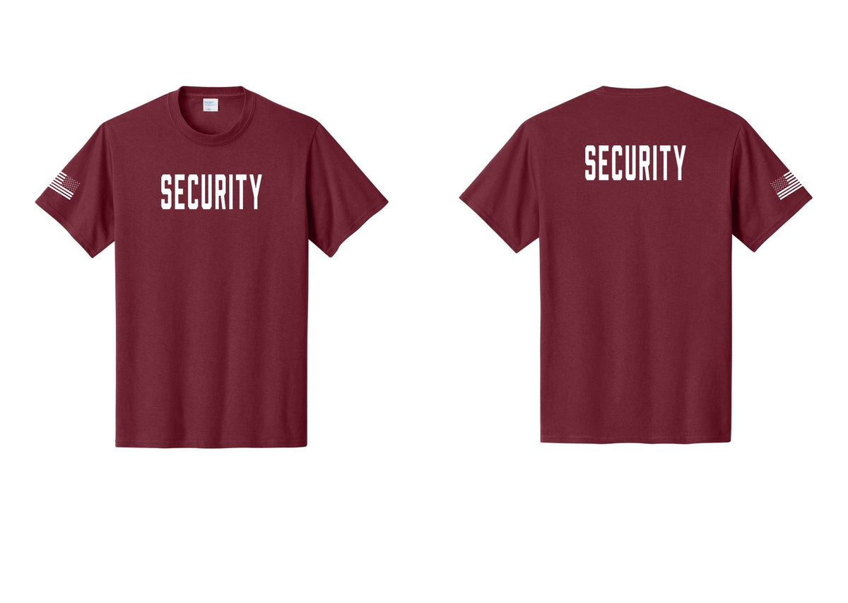NYC Factory Security T-Shirt, Condensed Lettering - Front + Back + US Flag Sleeve - Cardinal