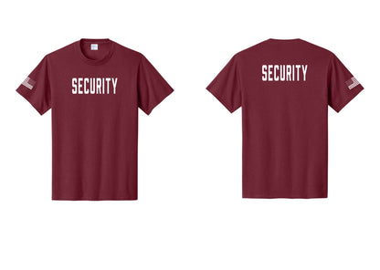 NYC Factory Security T-Shirt, Condensed Lettering - Front + Back + US Flag Sleeve - Cardinal