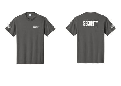 NYC Factory Unisex Security Black T-Shirt - Chest + Back + US Flag Sleeve - Charcoal