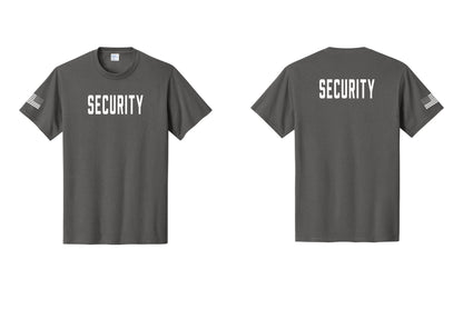NYC Factory Security T-Shirt, Condensed Lettering - Front + Back + US Flag Sleeve - Charcoal