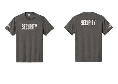 NYC Factory Unisex Security Black T-Shirt - Front + Back + US Flag Sleeve - Charcoal