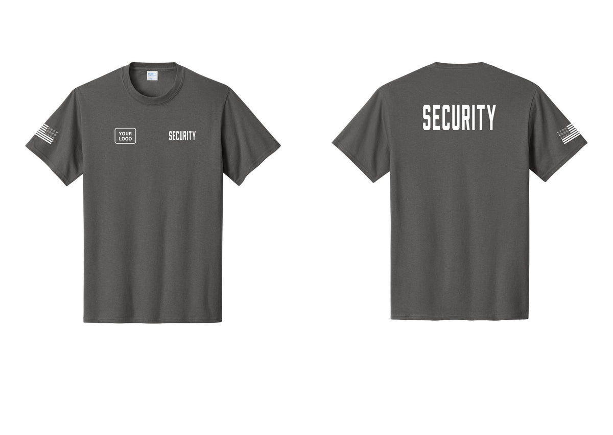 NYC Factory Custom Logo Security T-Shirt, Condensed Lettering - SECURITY + Your Logo + Back + US Flag Sleeve - Charcoal
