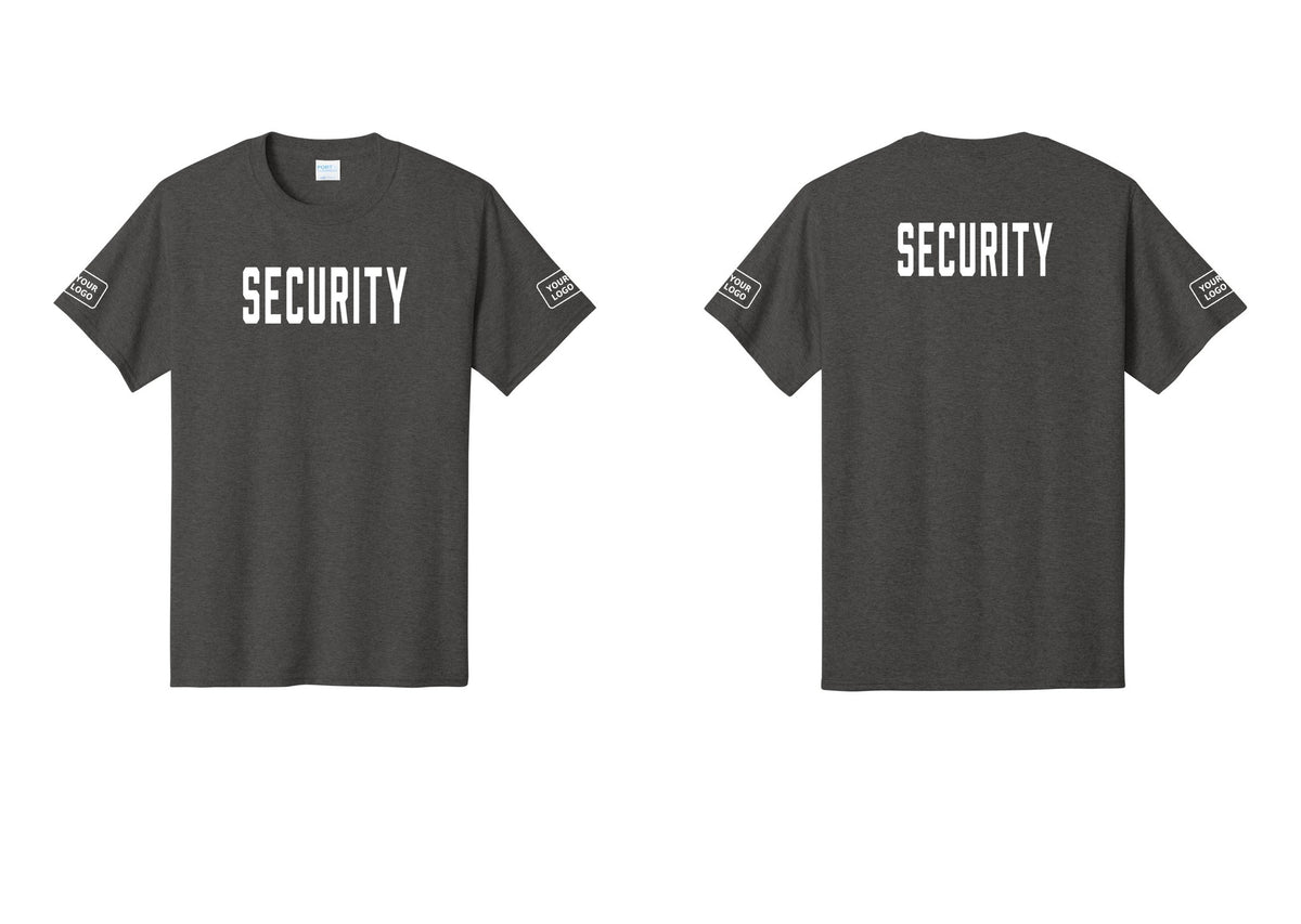 NYC Factory Unisex Security Custom Logo Black T-Shirt - Front + Back + Your Logo Sleeves - Dark Heather Grey