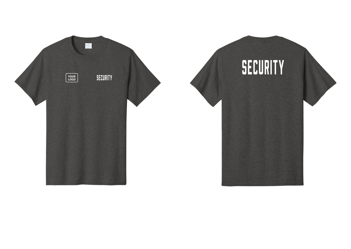 NYC Factory Custom Logo Security T-Shirt, Condensed Lettering - SECURITY + Your Logo + Back - Dark Heather Grey