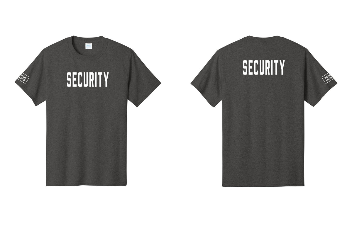 NYC Factory Custom Logo Security T-Shirt, Condensed Lettering - Front + Back + Your Logo Sleeve - Dark Heather Grey