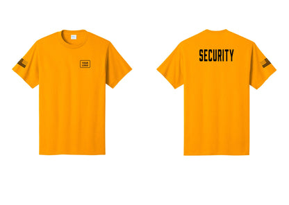 NYC Factory Unisex Security Custom Logo Black T-Shirt - Your Logo + Back + US Flag Sleeve - Gold