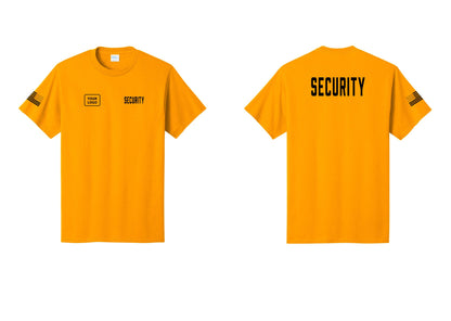 NYC Factory Custom Logo Security T-Shirt, Condensed Lettering - SECURITY + Your Logo + Back + US Flag Sleeve - Gold