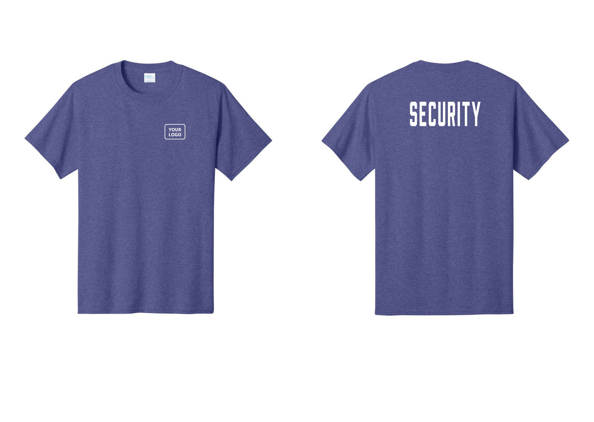NYC Factory Custom Logo Security T-Shirt, Condensed Lettering - Your Logo + Back - Heather Purple