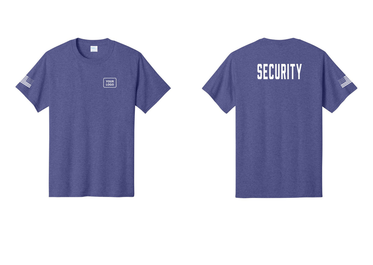 NYC Factory Custom Logo Security T-Shirt, Condensed Lettering - Your Logo + Back + US Flag Sleeve - Heather Purple