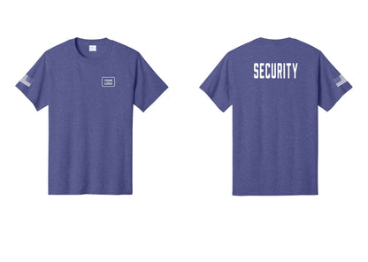 NYC Factory Custom Logo Security T-Shirt, Condensed Lettering - Your Logo + Back + US Flag Sleeve - Heather Purple