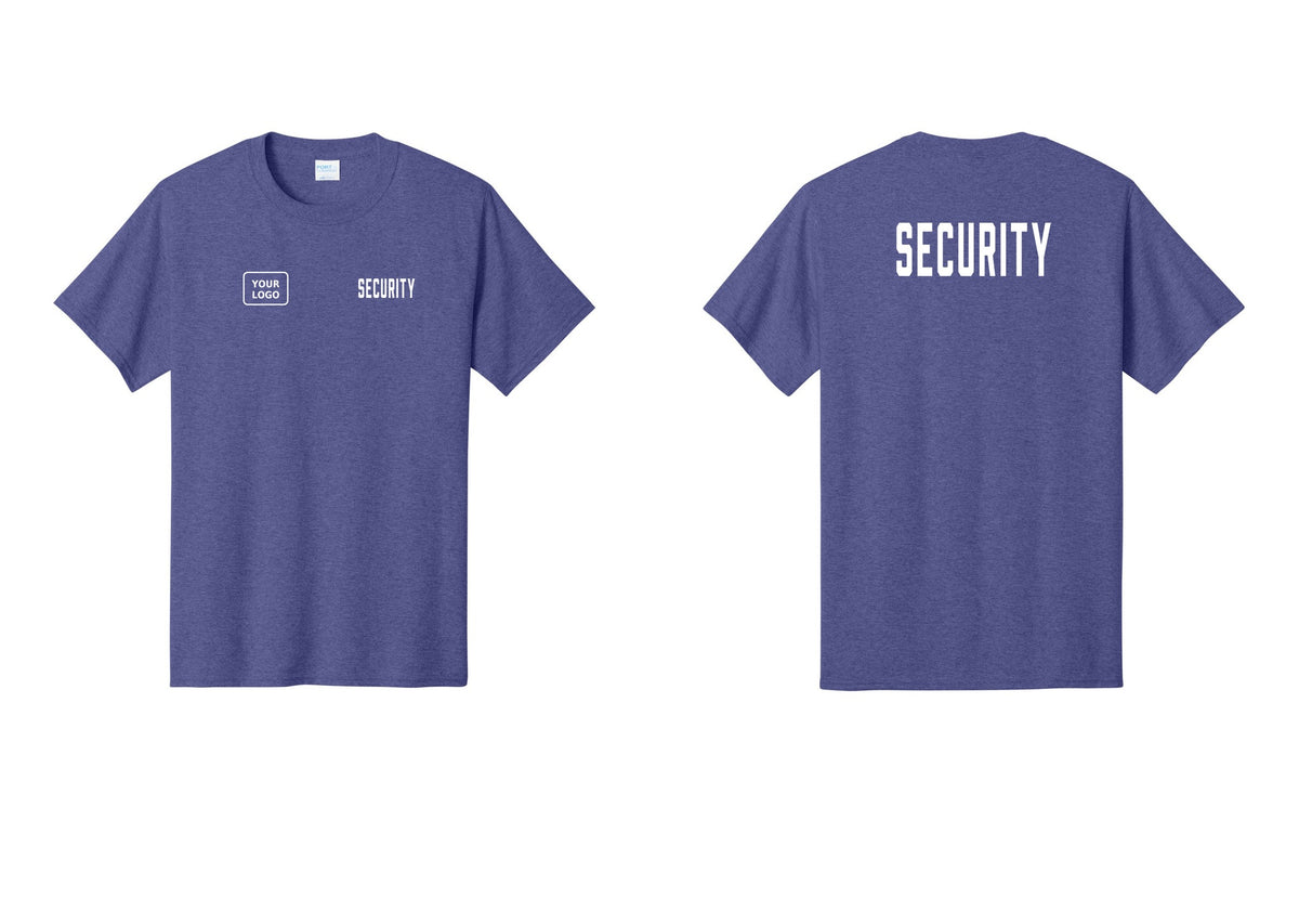 NYC Factory Custom Logo Security T-Shirt, Condensed Lettering - SECURITY + Your Logo + Back - Heather Purple