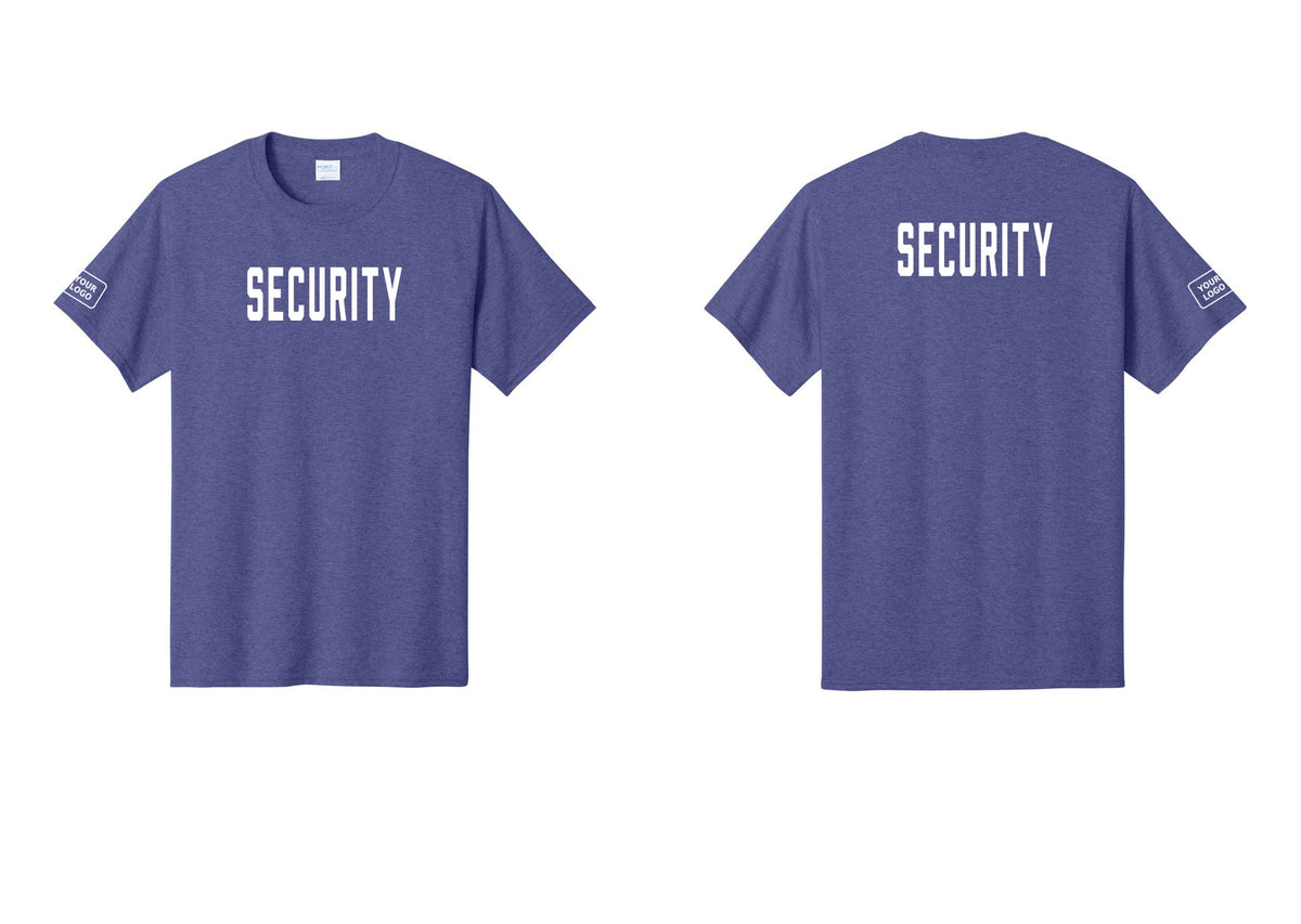 NYC Factory Custom Logo Security T-Shirt, Condensed Lettering - Front + Back + Your Logo Sleeve - Heather Purple