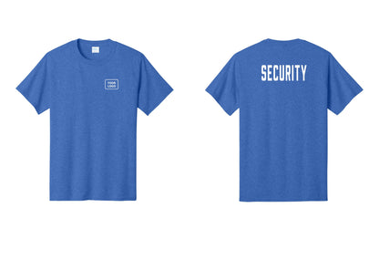 NYC Factory Custom Logo Security T-Shirt, Condensed Lettering - Your Logo + Back - Heather Royal