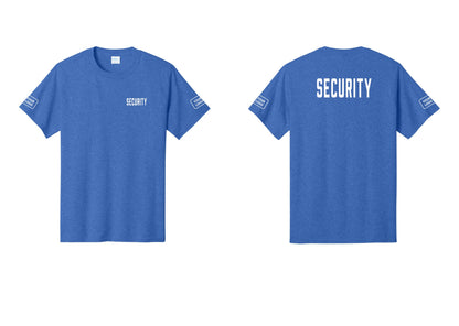NYC Factory Custom Logo Security T-Shirt, Condensed Lettering - Chest + Back + Your Logo Sleeves - Heather Royal