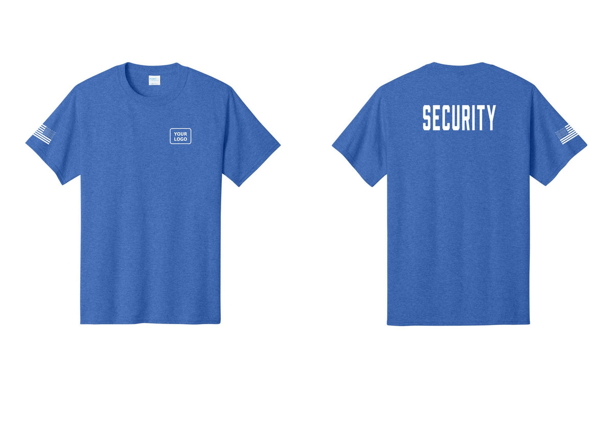 NYC Factory Custom Logo Security T-Shirt, Condensed Lettering - Your Logo + Back + US Flag Sleeve - Heather Royal