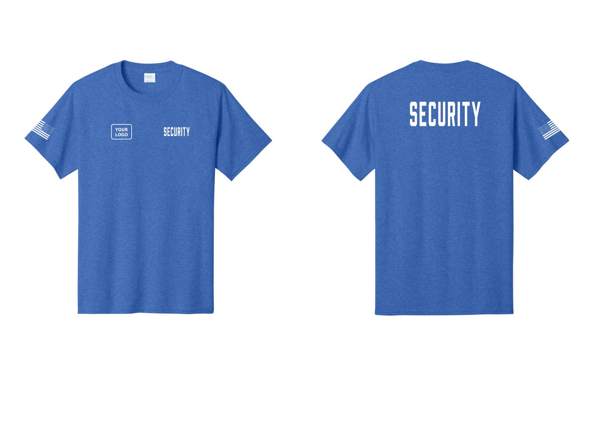 NYC Factory Custom Logo Security T-Shirt, Condensed Lettering - SECURITY + Your Logo + Back + US Flag Sleeve - Heather Royal
