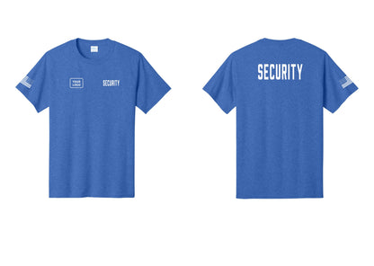 NYC Factory Custom Logo Security T-Shirt, Condensed Lettering - SECURITY + Your Logo + Back + US Flag Sleeve - Heather Royal