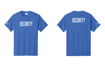 NYC Factory Custom Logo Security T-Shirt, Condensed Lettering - Front + Back + Your Logo Sleeve - Heather Royal
