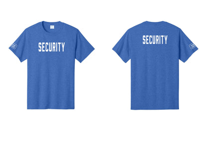 NYC Factory Unisex Security Custom Logo Black T-Shirt - Front + Back + Your Logo Sleeve - Heather Royal