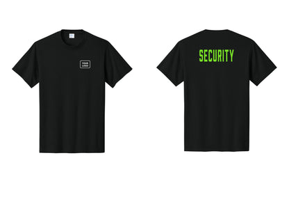 NYC Factory Custom Logo Security T-Shirt, Condensed Lettering - Your Logo + Back - Black / Neon