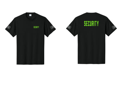NYC Factory Custom Logo Security T-Shirt, Condensed Lettering - Chest + Back + Your Logo Sleeves - Black / Neon