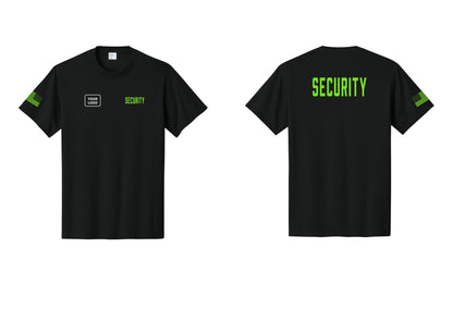 NYC Factory Unisex Security Custom Logo Black T-Shirt - SECURITY + Your Logo + Back + US Flag Sleeve - Black / Neon