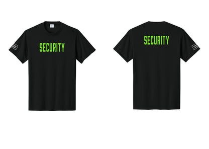 NYC Factory Custom Logo Security T-Shirt, Condensed Lettering - Front + Back + Your Logo Sleeve - Black / Neon