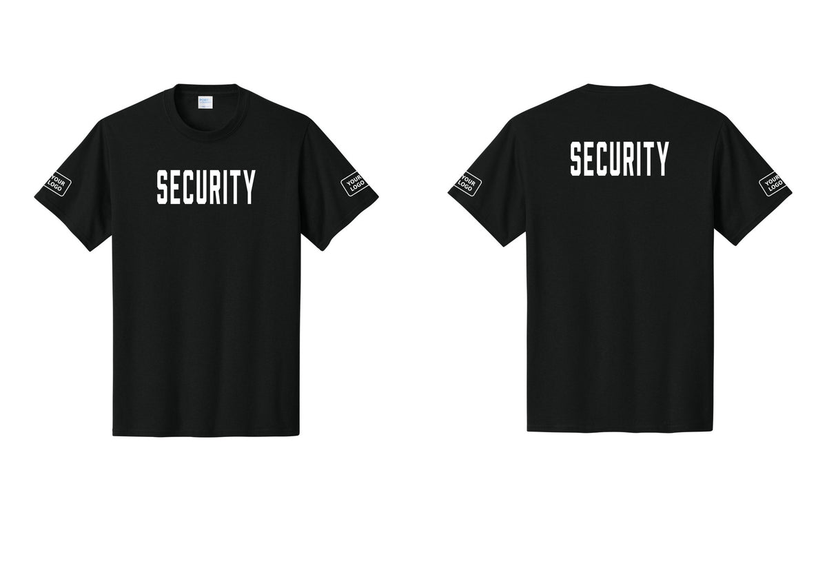 NYC Factory Custom Logo Security T-Shirt, Condensed Lettering - Front + Back + Your Logo Sleeves - Black