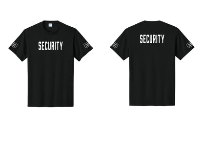 NYC Factory Custom Logo Security T-Shirt, Condensed Lettering - Front + Back + Your Logo Sleeves - Black