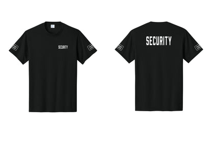 NYC Factory Custom Logo Security T-Shirt, Condensed Lettering - Chest + Back + Your Logo Sleeves - Black