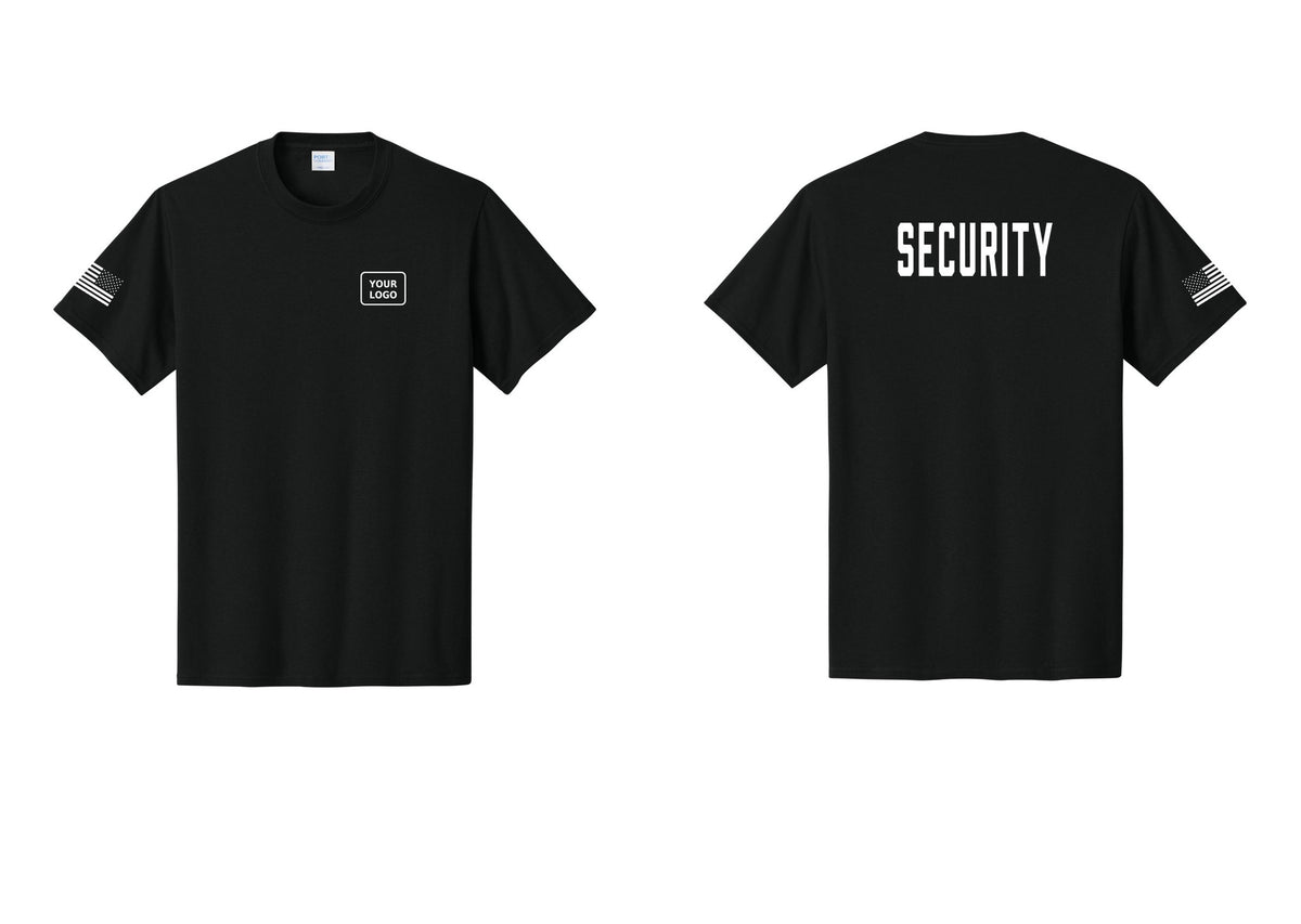 NYC Factory Unisex Security Custom Logo Black T-Shirt - Your Logo + Back + US Flag Sleeve - Black