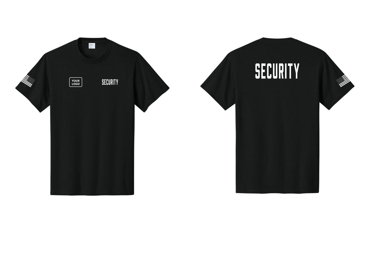 NYC Factory Custom Logo Security T-Shirt, Condensed Lettering - SECURITY + Your Logo + Back + US Flag Sleeve - Black