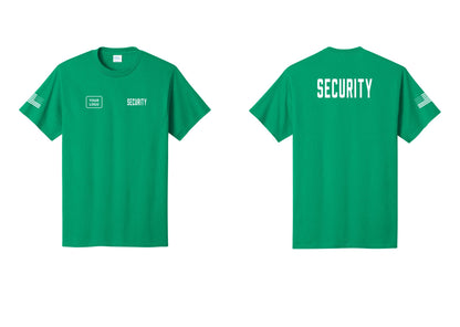 NYC Factory Unisex Security Custom Logo Black T-Shirt - SECURITY + Your Logo + Back + US Flag Sleeve - Kelly