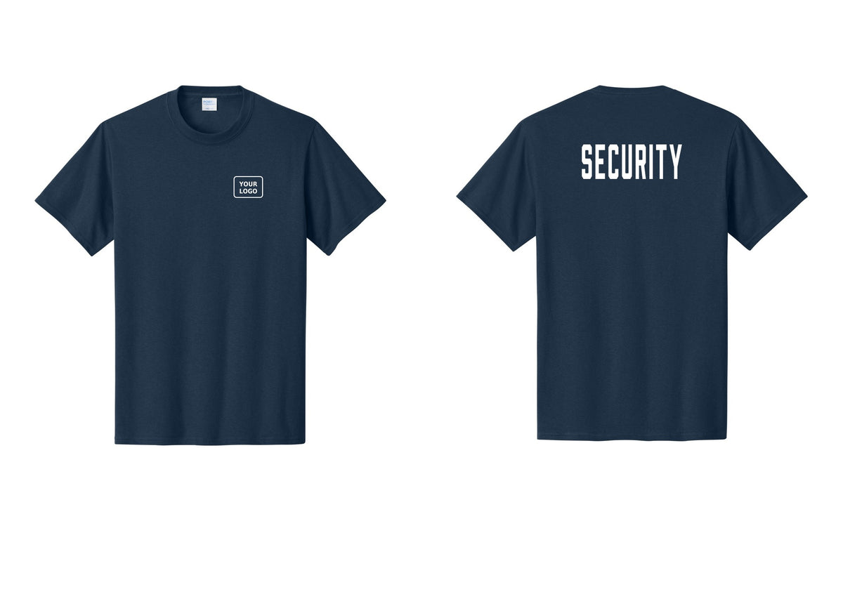 NYC Factory Custom Logo Security T-Shirt, Condensed Lettering - Your Logo + Back - Navy