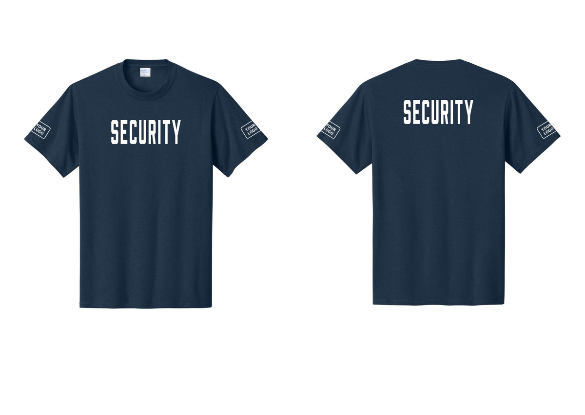 NYC Factory Custom Logo Security T-Shirt, Condensed Lettering - Front + Back + Your Logo Sleeves - Navy