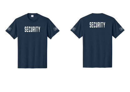 NYC Factory Custom Logo Security T-Shirt, Condensed Lettering - Front + Back + Your Logo Sleeves - Navy