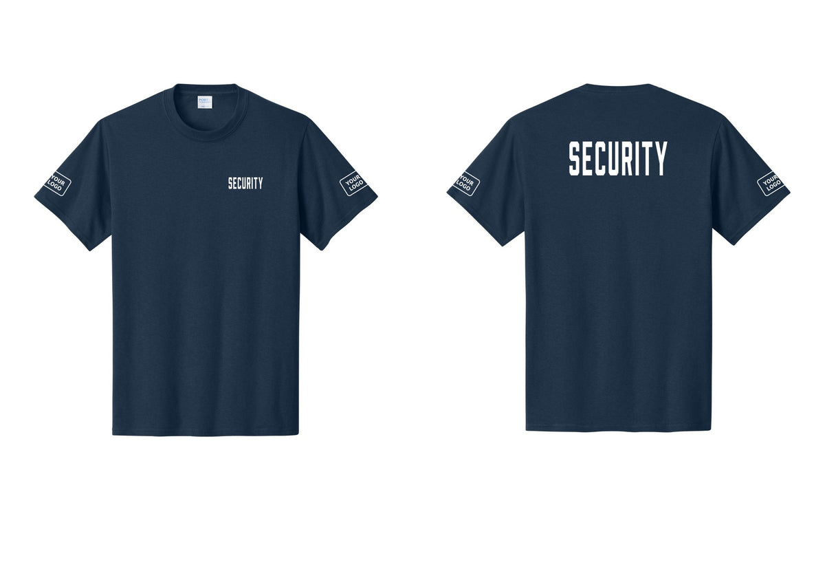 NYC Factory Unisex Security Custom Logo Black T-Shirt - Chest + Back + Your Logo Sleeves - Navy