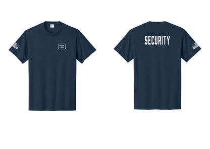 NYC Factory Custom Logo Security T-Shirt, Condensed Lettering - Your Logo + Back + US Flag Sleeve - Navy
