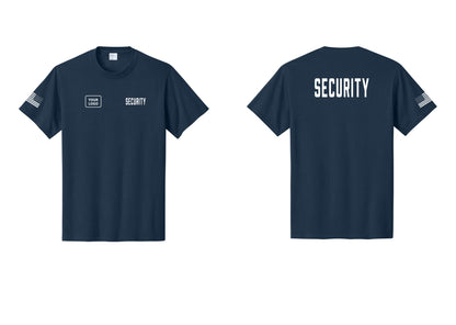 NYC Factory Custom Logo Security T-Shirt, Condensed Lettering - SECURITY + Your Logo + Back + US Flag Sleeve - Navy