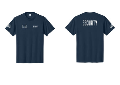 NYC Factory Unisex Security Custom Logo Black T-Shirt - SECURITY + Your Logo + Back + US Flag Sleeve - Navy