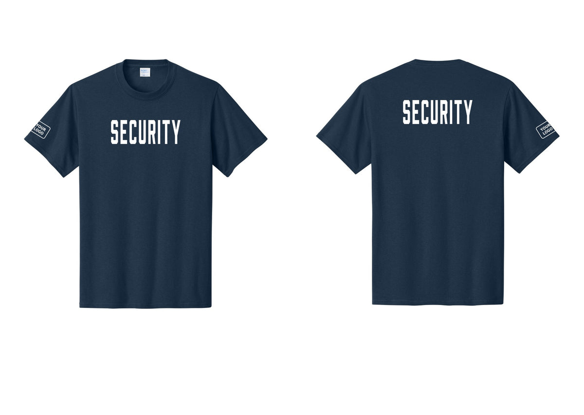 NYC Factory Custom Logo Security T-Shirt, Condensed Lettering - Front + Back + Your Logo Sleeve - Navy