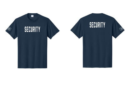 NYC Factory Custom Logo Security T-Shirt, Condensed Lettering - Front + Back + Your Logo Sleeve - Navy