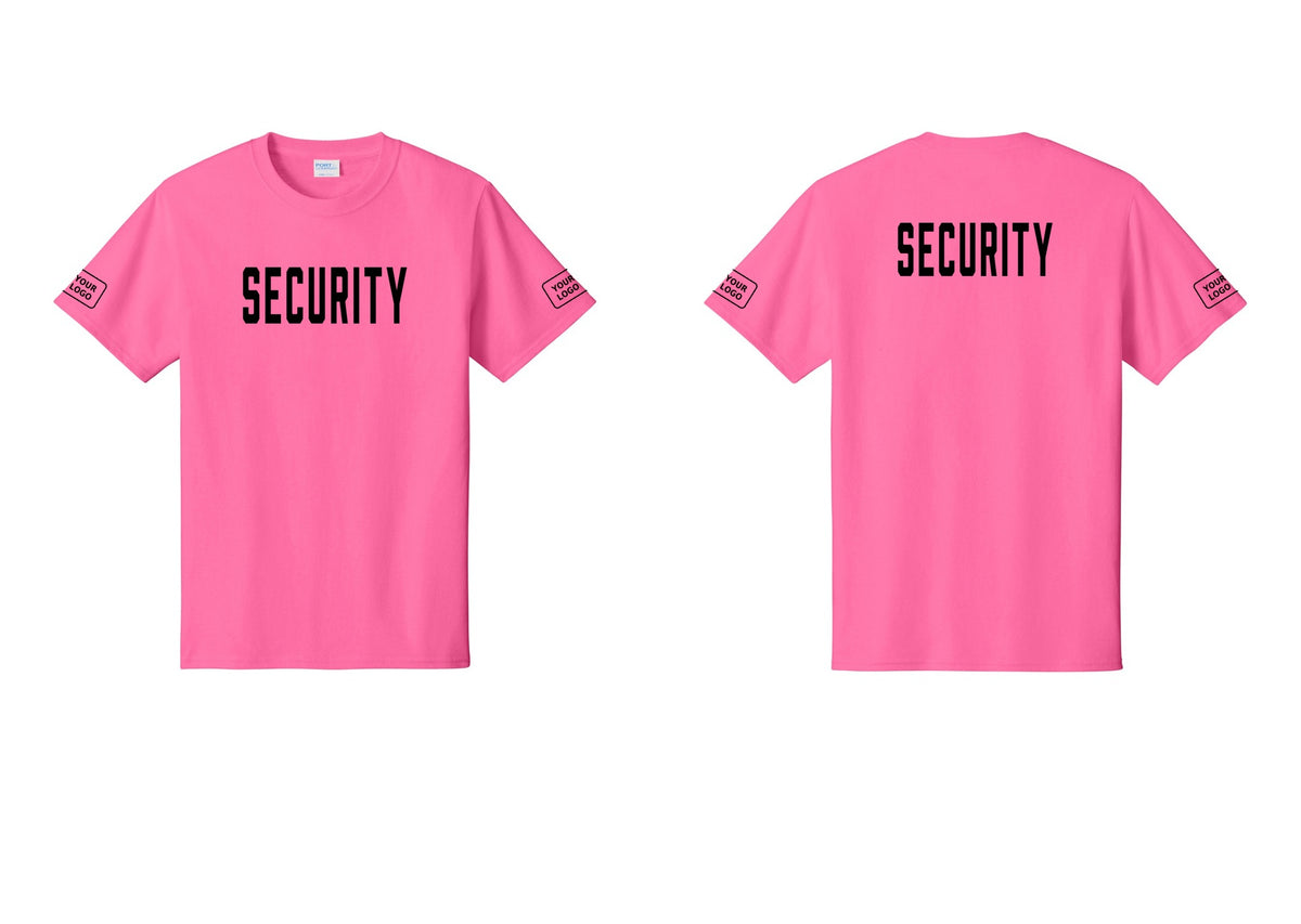 NYC Factory Unisex Security Custom Logo Black T-Shirt - Front + Back + Your Logo Sleeves - Neon Pink